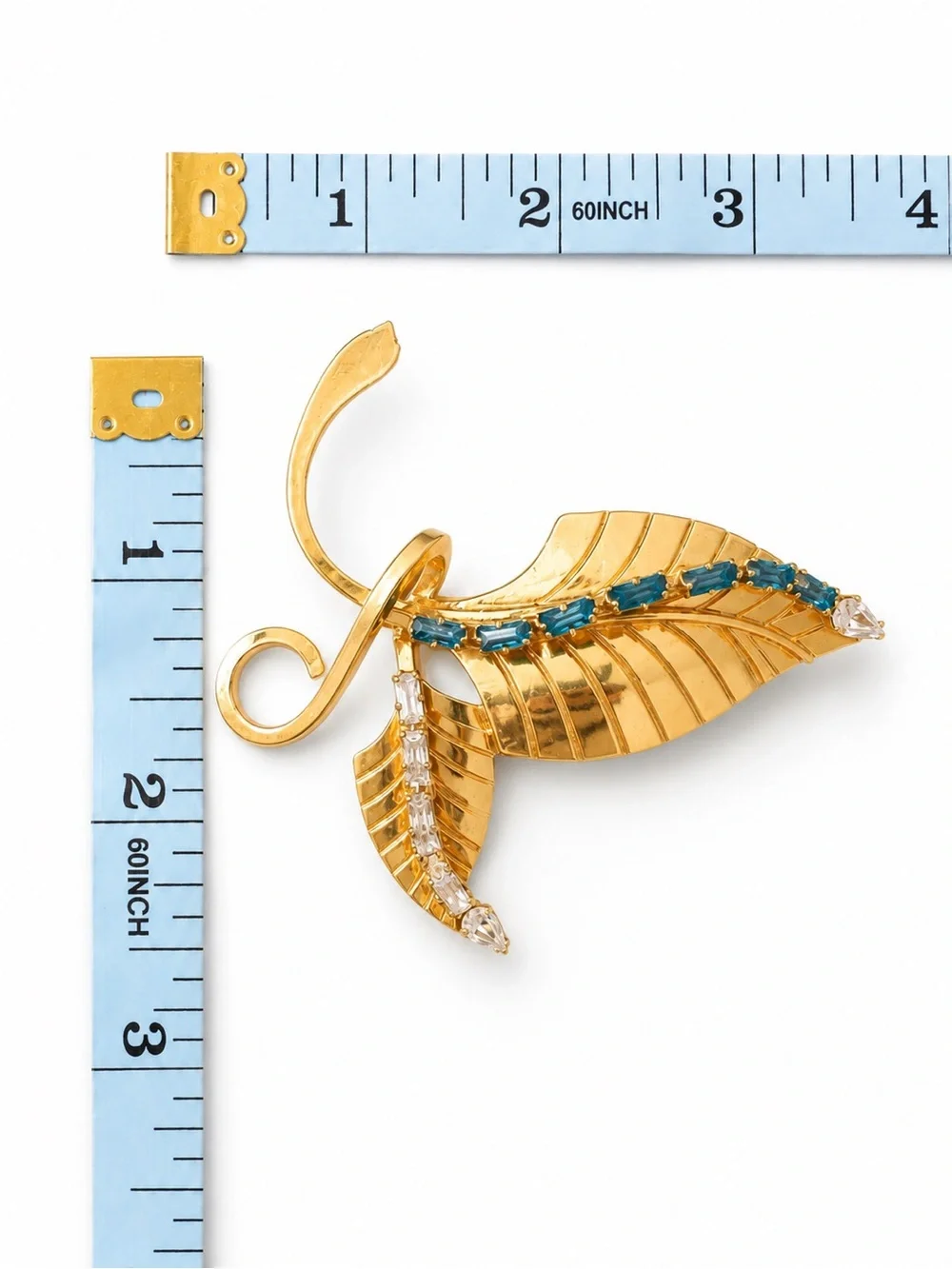 Vintage Gold Tone Leaf Brooch with Blue Rhinestones Mid-Century Floral Spray Pin